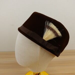 Vintage 60s Brown Wool Felt Pillbox Hat Feather MCM Chocolate Church GEORGI